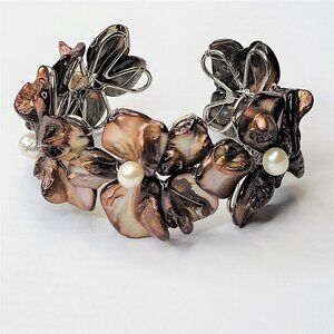 Dark Brown Cuff Bracelet with Pearls and Dyed Mother Of Pearl Shell Bangle -NEW